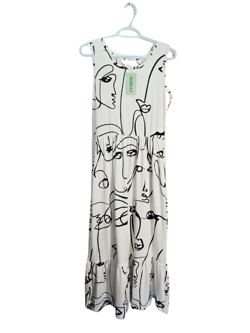 Sleeveless White Maxi Dress with Abstract Black Line Print - Picture 3 of 9